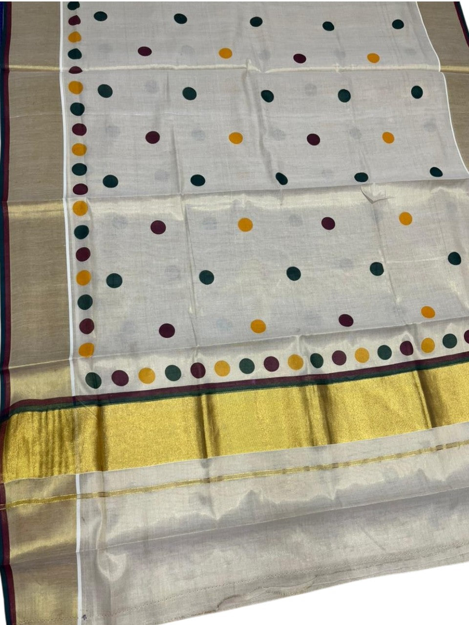 Southloom Kerala Tissue Kasavu Saree with Polka Dots on Body in Green and Maroon SL429