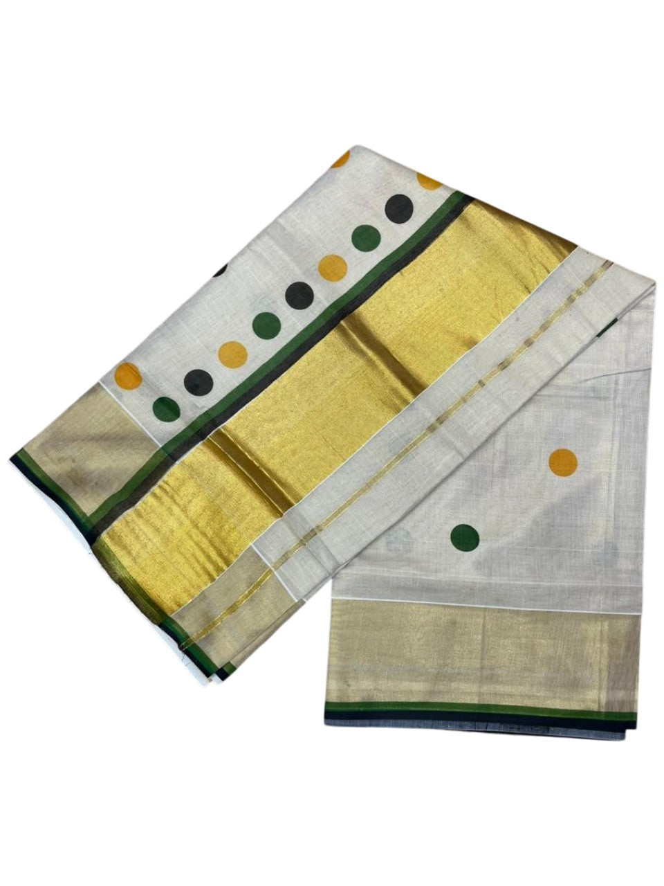Southloom Kerala Tissue Kasavu Saree with Polka Dots on Body in Green and Black SL429