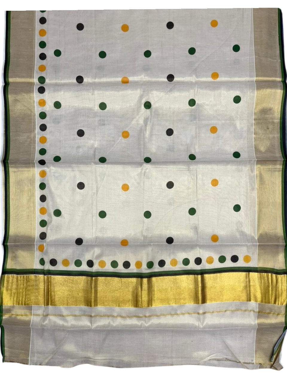 Southloom Kerala Tissue Kasavu Saree with Polka Dots on Body in Green and Black SL429