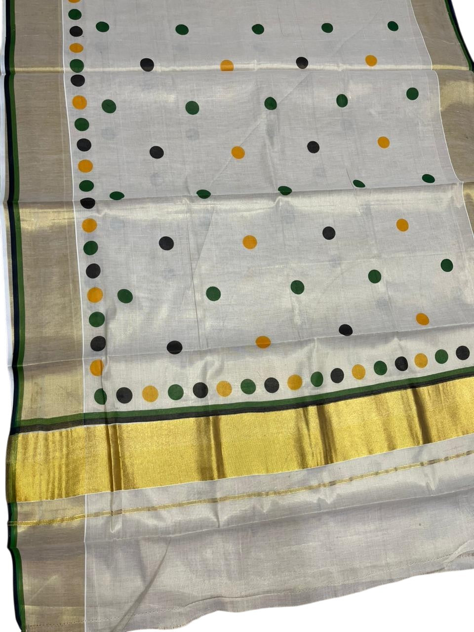 Southloom Kerala Tissue Kasavu Saree with Polka Dots on Body in Green and Black SL429