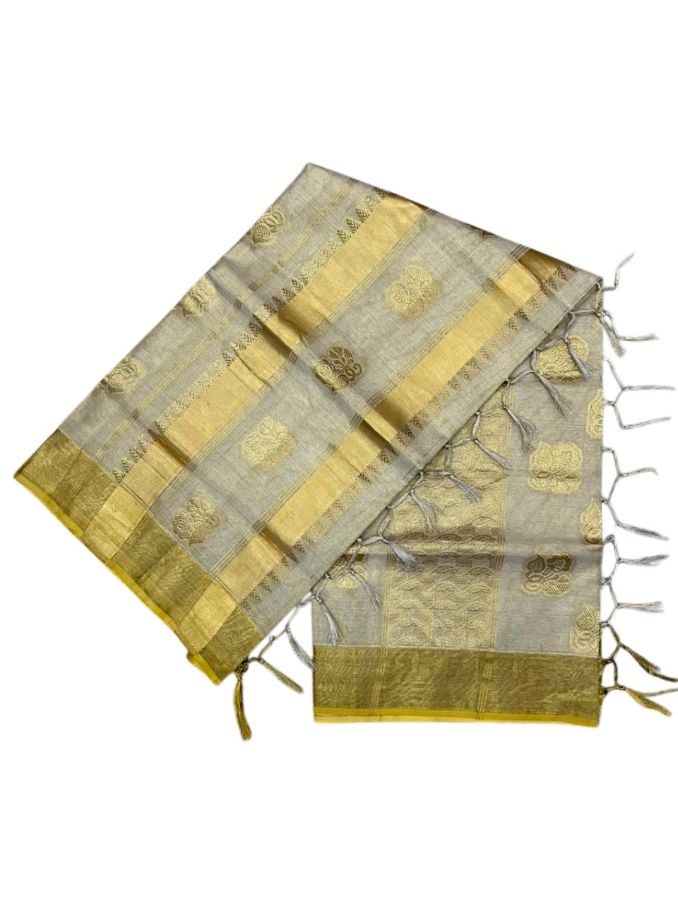 Southloom Tissue Kasavu Replica Saree with Woven Butta Works Across Body And Temple Border (SL431)