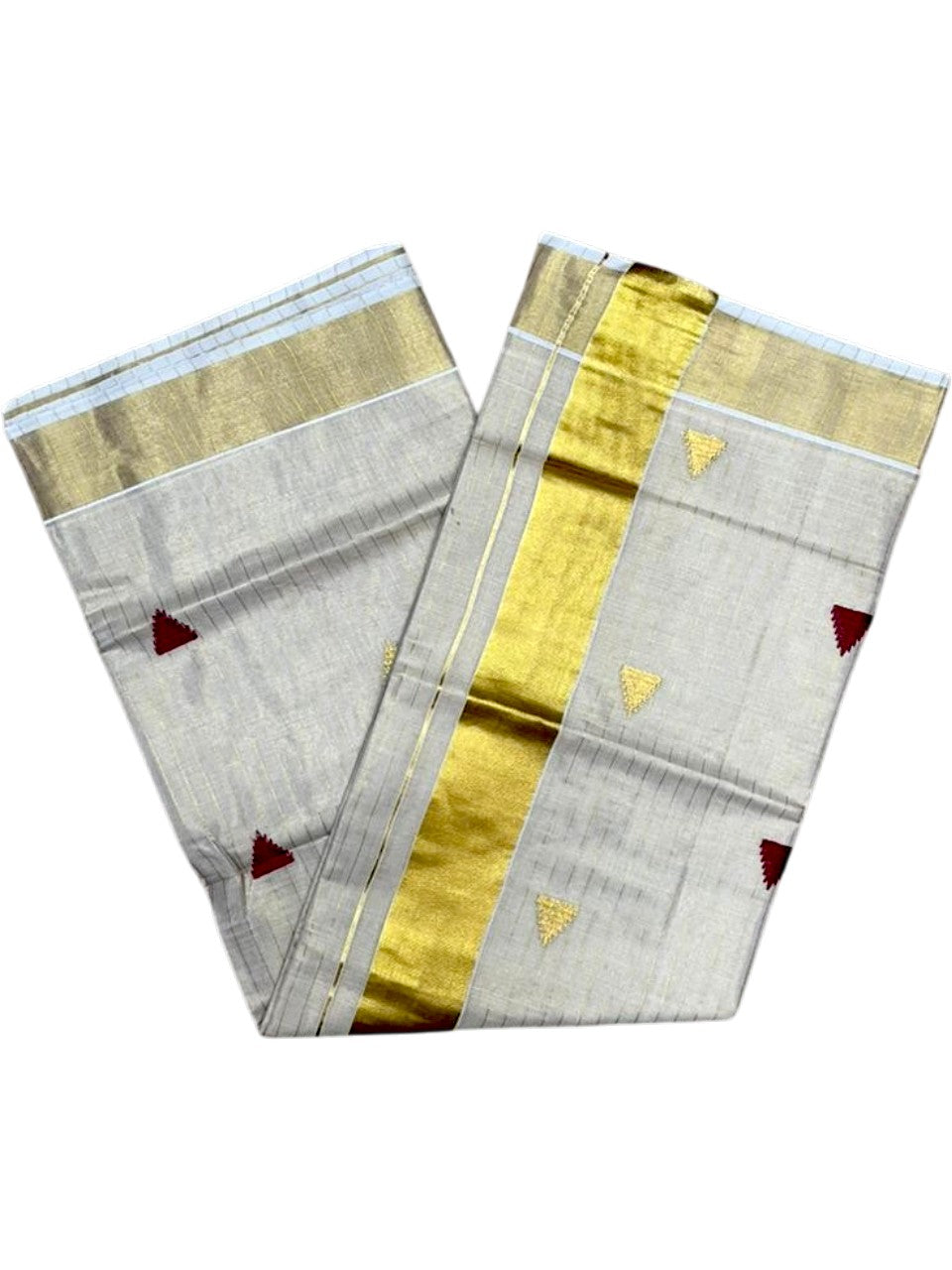 Kerala Tissue Kasavu Stripes Saree with Maroon and Gold Temple Embroidery Design on Body SL432