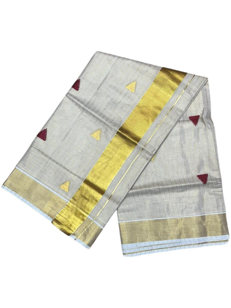 Kerala Tissue Kasavu Stripes Saree with Maroon and Gold Temple Embroidery Design on Body SL432