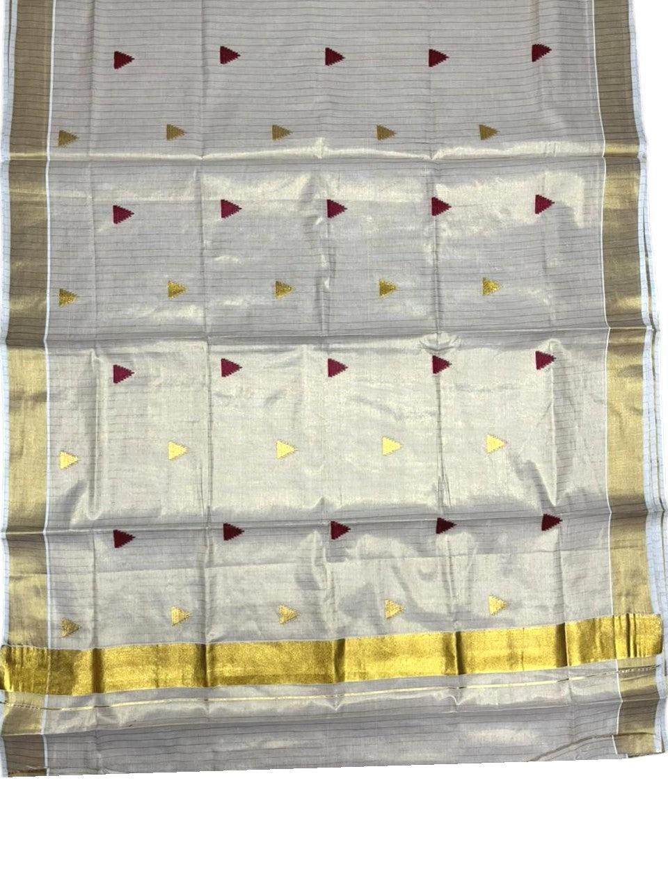 Kerala Tissue Kasavu Stripes Saree with Maroon and Gold Temple Embroidery Design on Body SL432
