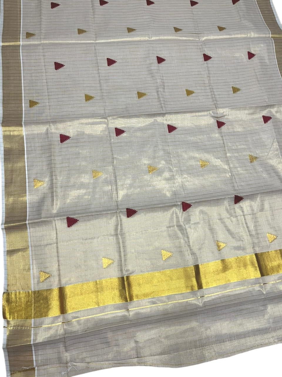 Kerala Tissue Kasavu Stripes Saree with Maroon and Gold Temple Embroidery Design on Body SL432