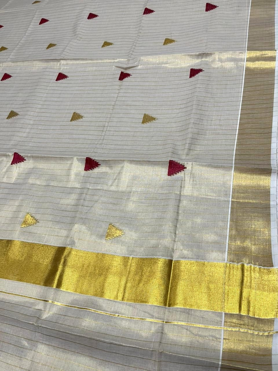 Kerala Tissue Kasavu Stripes Saree with Maroon and Gold Temple Embroidery Design on Body SL432