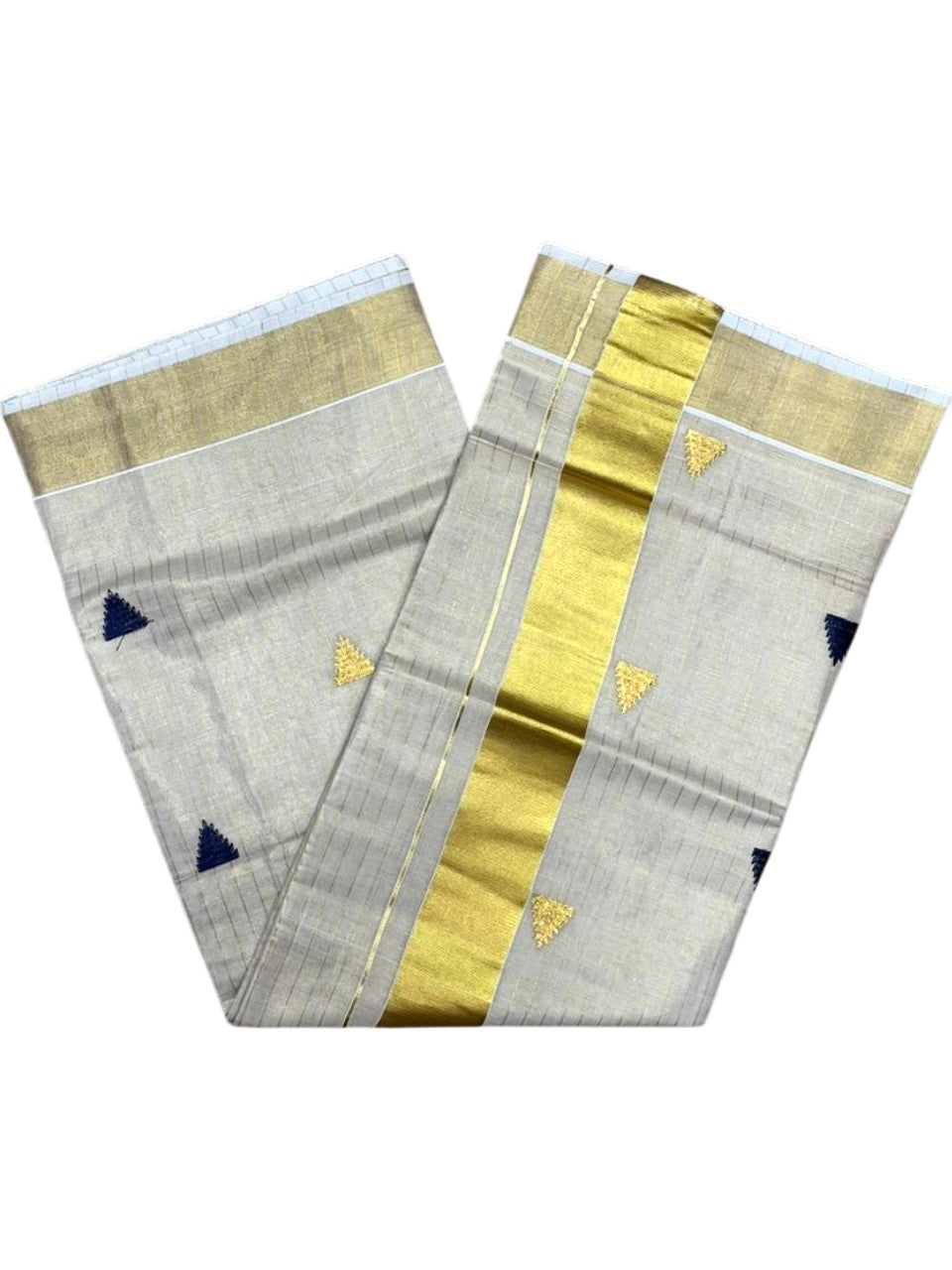 Kerala Tissue Kasavu Stripes Saree with Blue and Gold Temple Embroidery Design on Body SL432