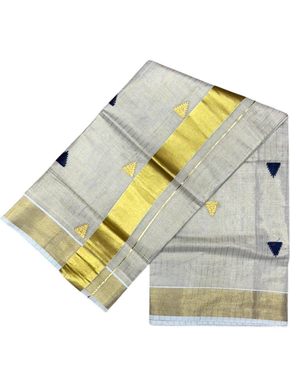 Kerala Tissue Kasavu Stripes Saree with Blue and Gold Temple Embroidery Design on Body SL432