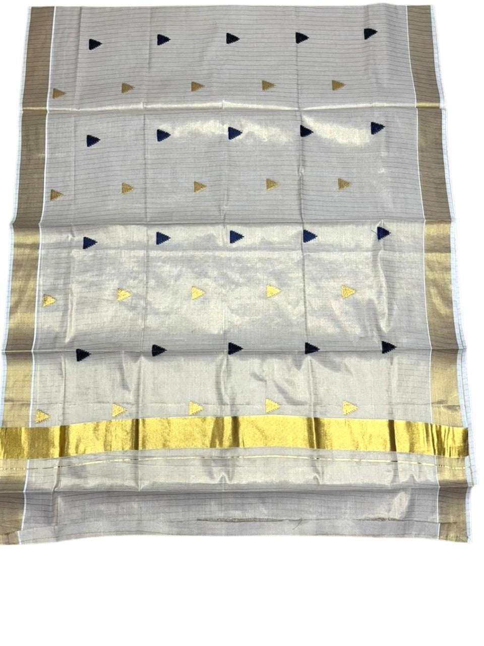 Kerala Tissue Kasavu Stripes Saree with Blue and Gold Temple Embroidery Design on Body SL432