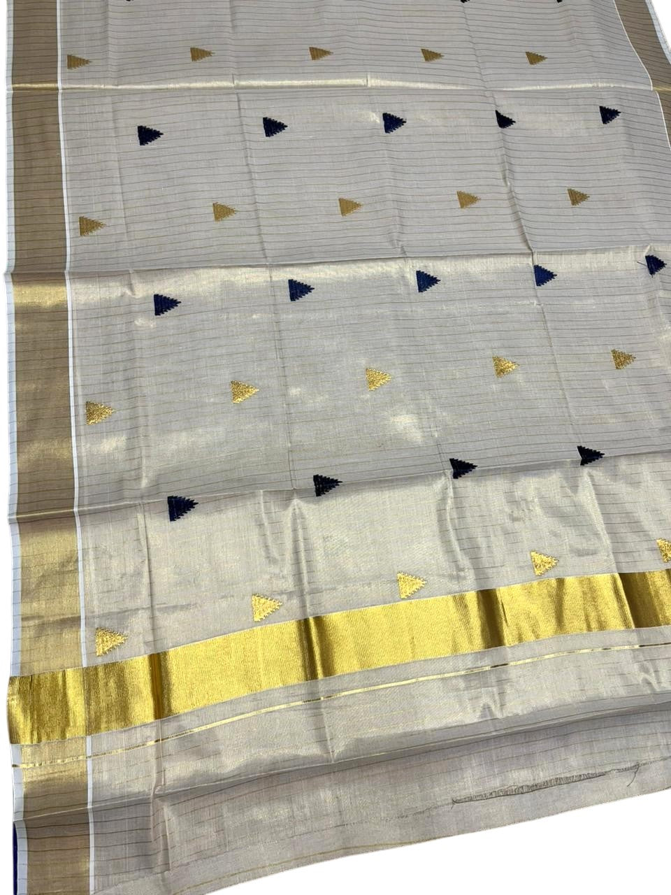 Kerala Tissue Kasavu Stripes Saree with Blue and Gold Temple Embroidery Design on Body SL432