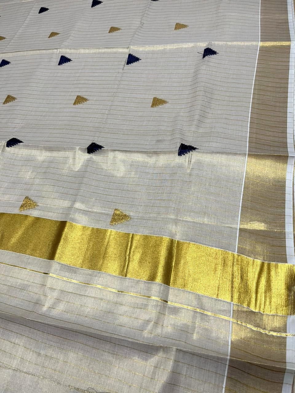 Kerala Tissue Kasavu Stripes Saree with Blue and Gold Temple Embroidery Design on Body SL432