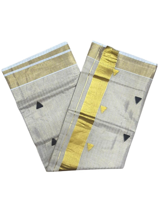 Kerala Tissue Kasavu Stripes Saree with Black and Gold Temple Embroidery Design on Body SL432