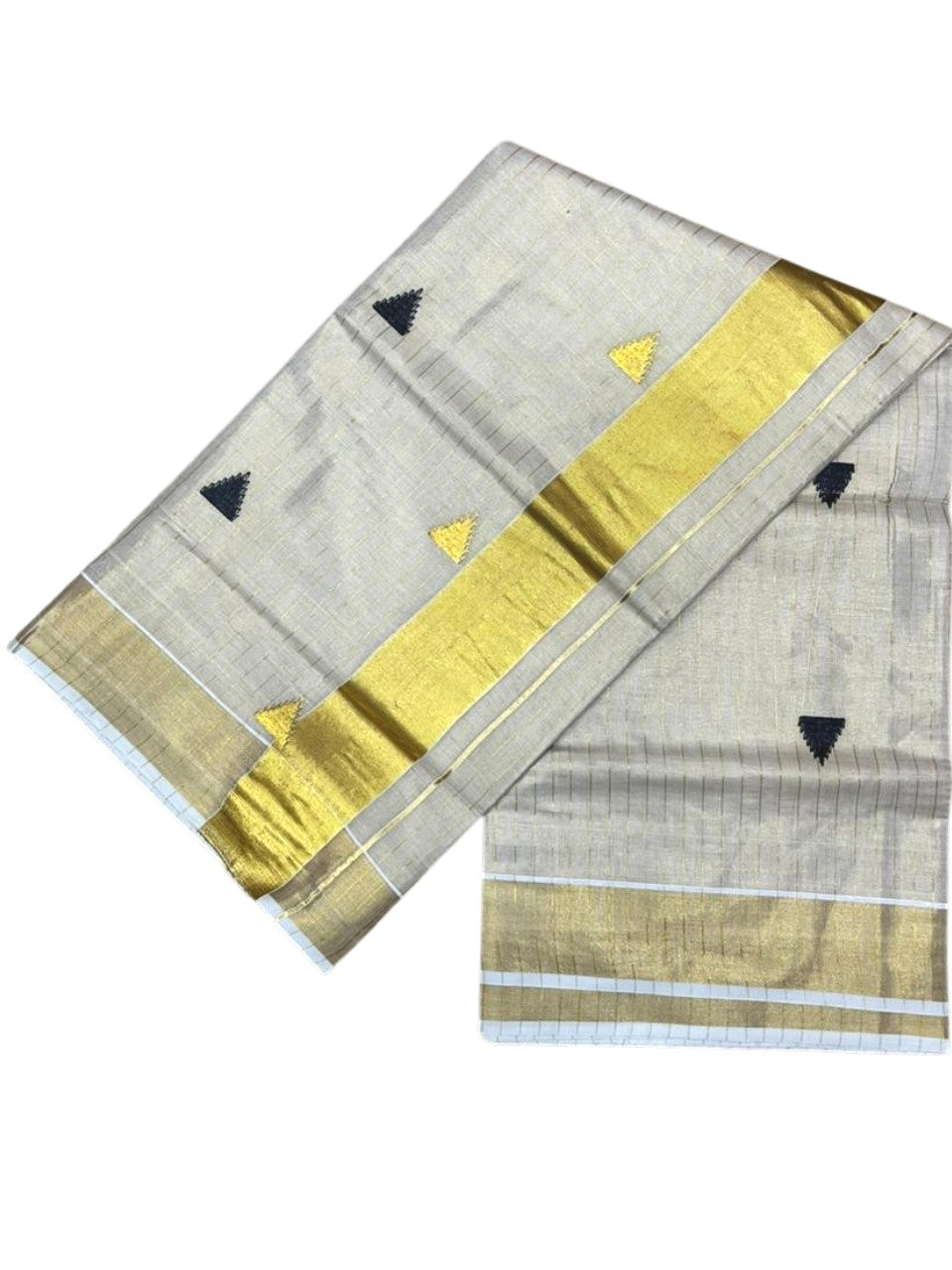 Kerala Tissue Kasavu Stripes Saree with Black and Gold Temple Embroidery Design on Body SL432