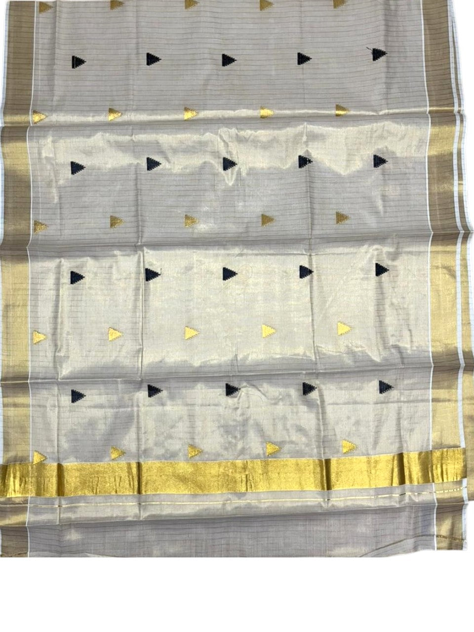 Kerala Tissue Kasavu Stripes Saree with Black and Gold Temple Embroidery Design on Body SL432