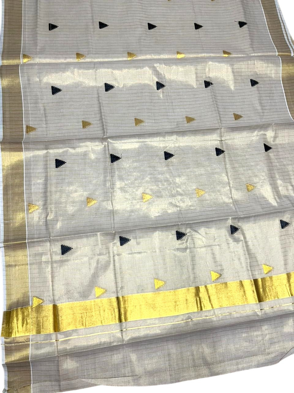 Kerala Tissue Kasavu Stripes Saree with Black and Gold Temple Embroidery Design on Body SL432