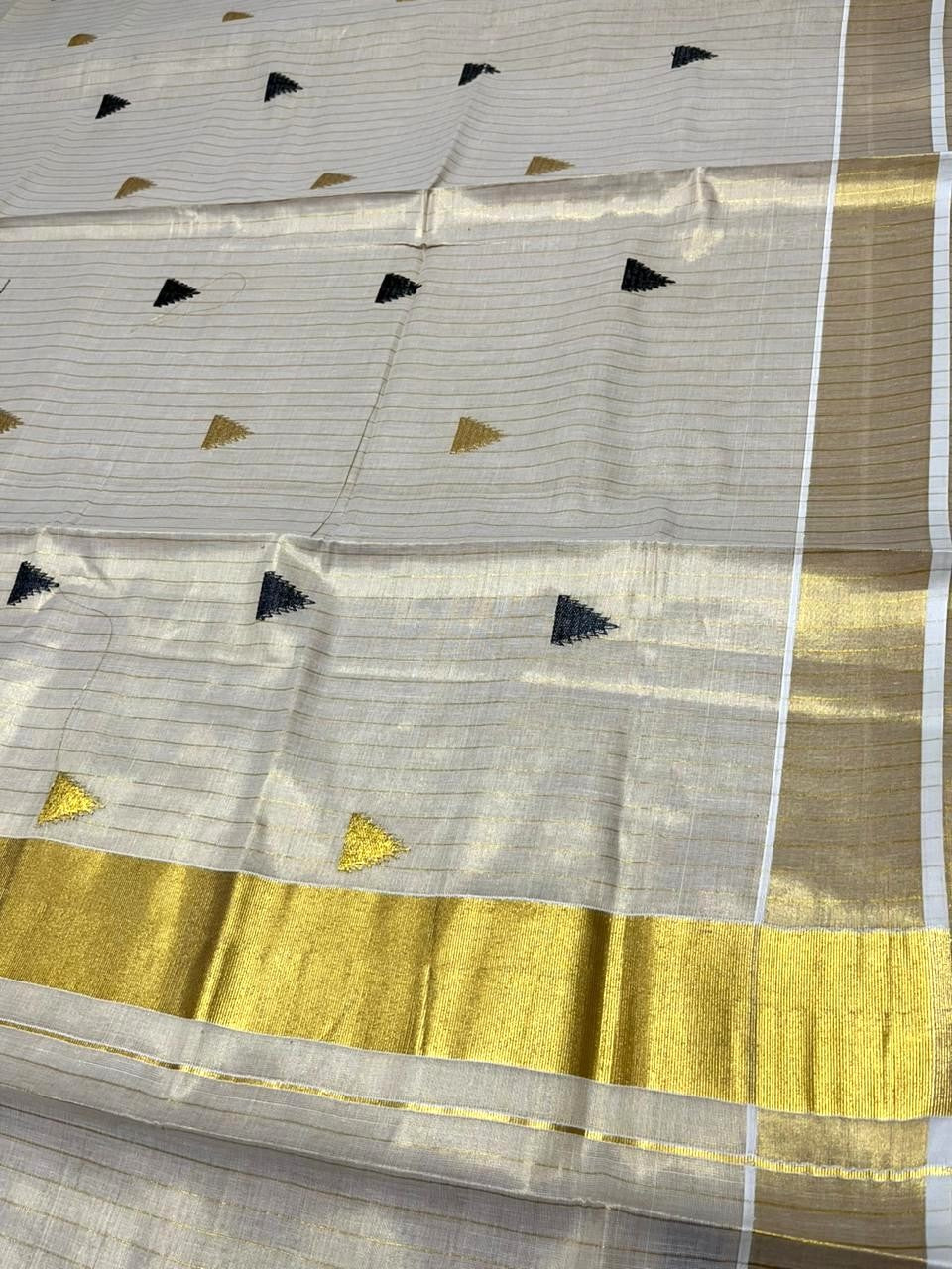 Kerala Tissue Kasavu Stripes Saree with Black and Gold Temple Embroidery Design on Body SL432