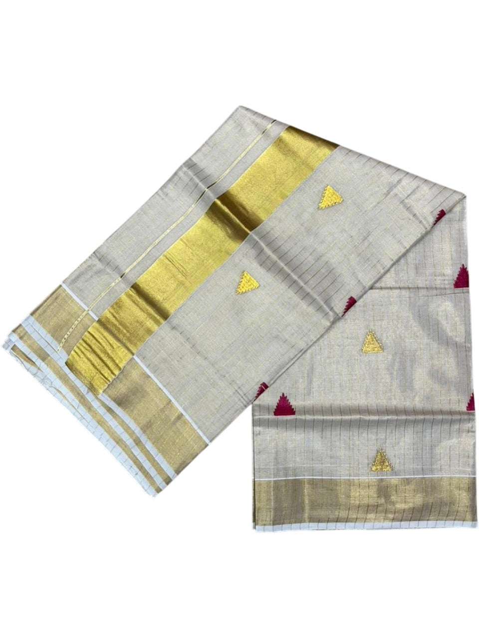 Kerala Tissue Kasavu Stripes Saree with Magenta and Gold Temple Embroidery Design on Body SL432