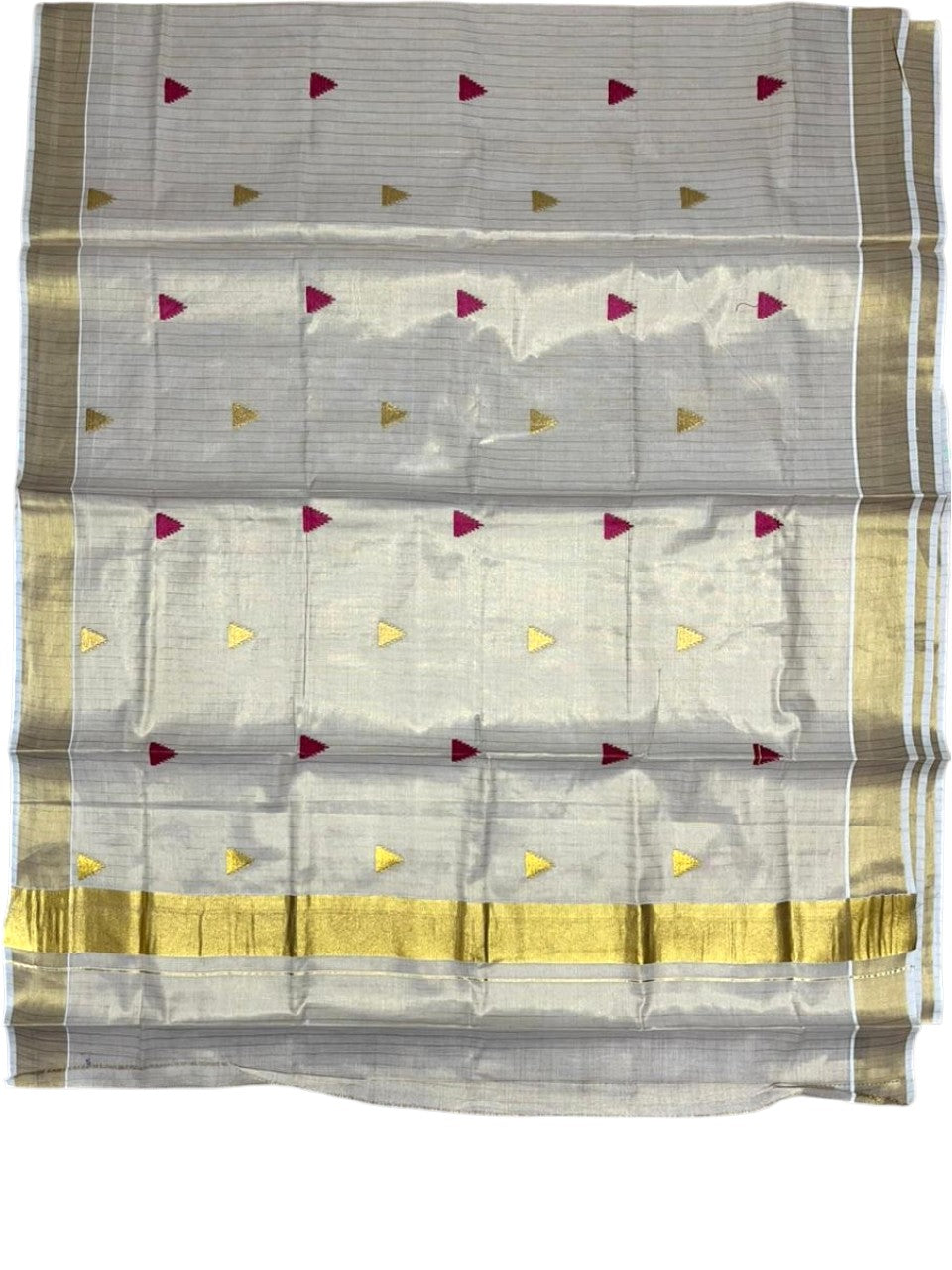 Kerala Tissue Kasavu Stripes Saree with Magenta and Gold Temple Embroidery Design on Body SL432