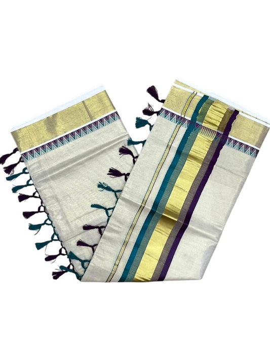 Southloom Kerala Tissue Kasavu Saree With Peacock Blue & Purple Temple Woven Works on Border With Tussles SL433