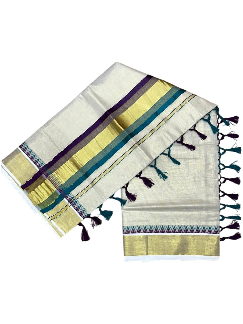 Southloom Kerala Tissue Kasavu Saree With Peacock Blue & Purple Temple Woven Works on Border With Tussles SL433