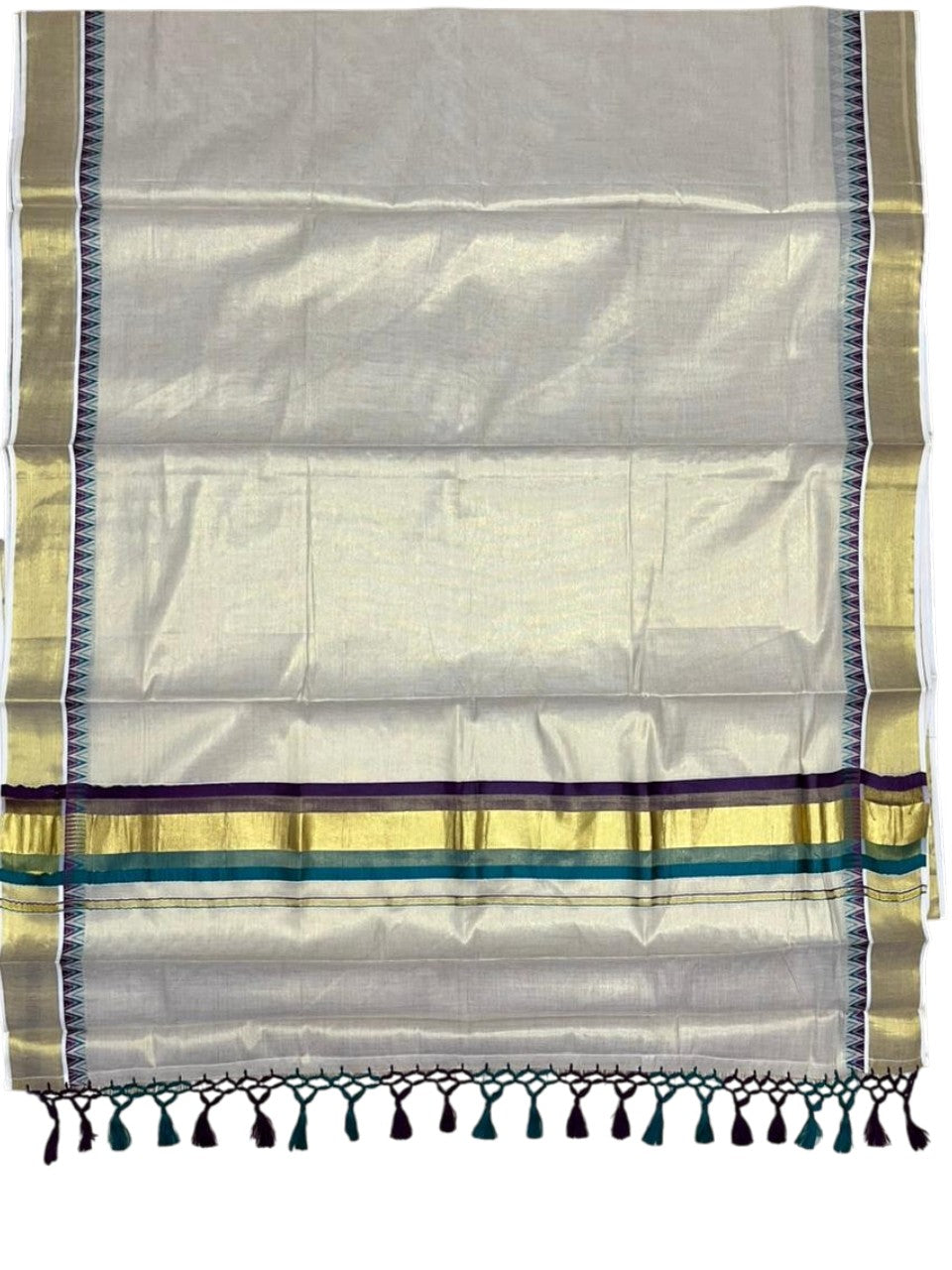Southloom Kerala Tissue Kasavu Saree With Peacock Blue & Purple Temple Woven Works on Border With Tussles SL433