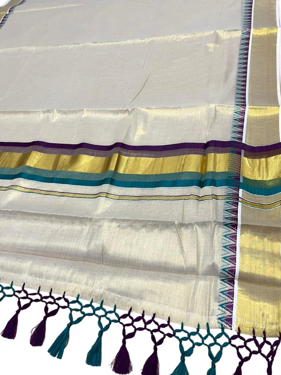 Southloom Kerala Tissue Kasavu Saree With Peacock Blue & Purple Temple Woven Works on Border With Tussles SL433