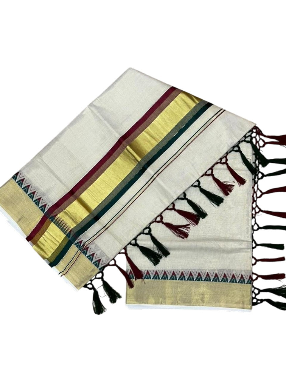 Southloom Kerala Tissue Kasavu Saree With Maroon & Green Temple Woven Works on Border With Tussles SL433