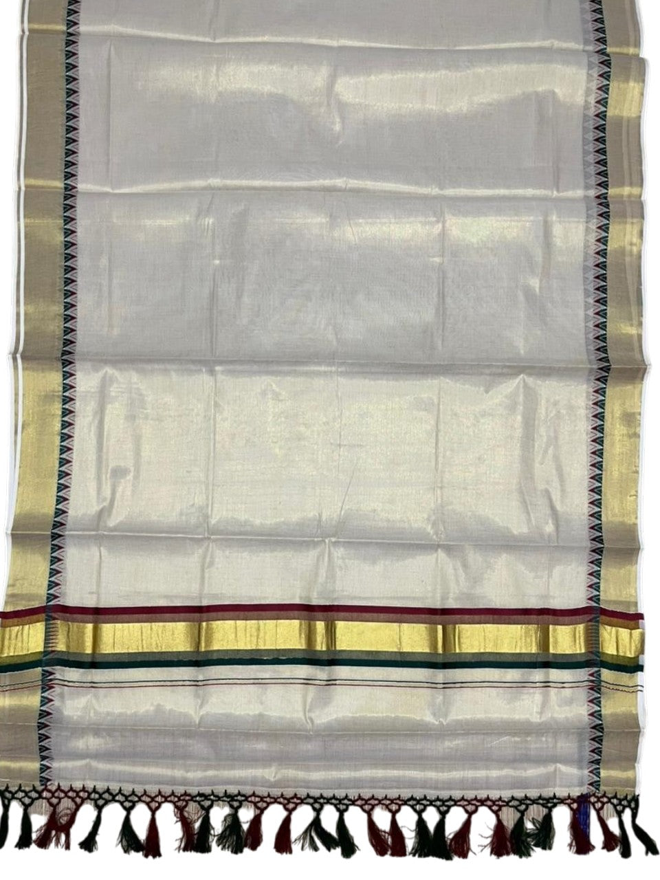 Southloom Kerala Tissue Kasavu Saree With Maroon & Green Temple Woven Works on Border With Tussles SL433