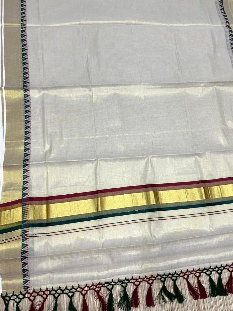 Southloom Kerala Tissue Kasavu Saree With Maroon & Green Temple Woven Works on Border With Tussles SL433