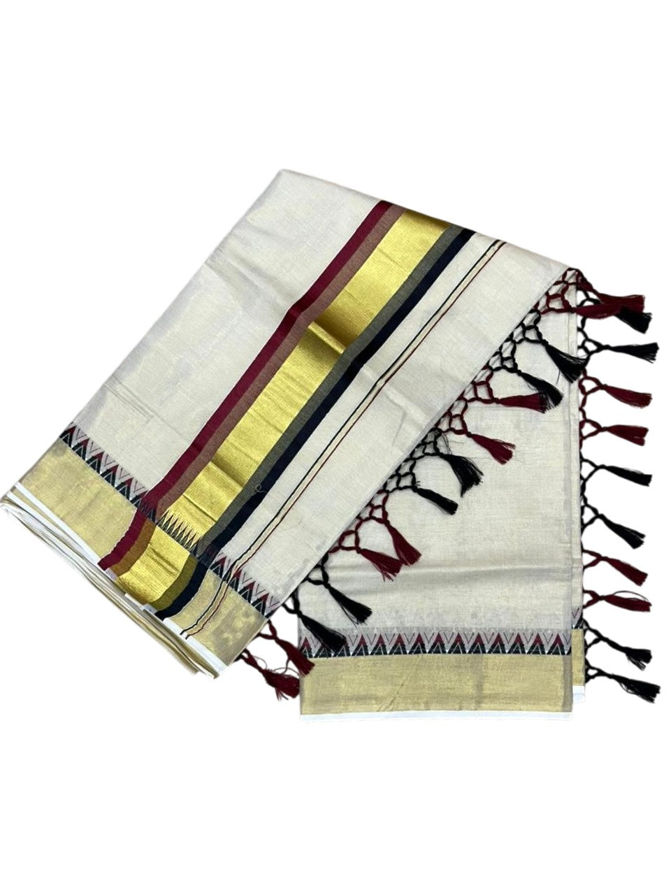 Southloom Kerala Tissue Kasavu Saree With Black & Maroon Temple Woven Works on Border With Tussles SL433