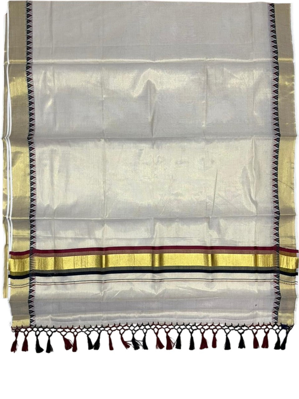 Southloom Kerala Tissue Kasavu Saree With Black & Maroon Temple Woven Works on Border With Tussles SL433