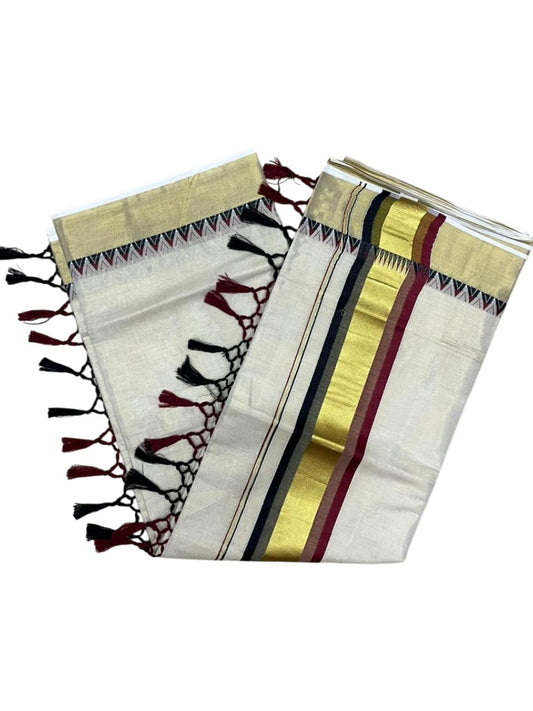 Southloom Kerala Tissue Kasavu Saree With Black & Maroon Temple Woven Works on Border With Tussles SL433