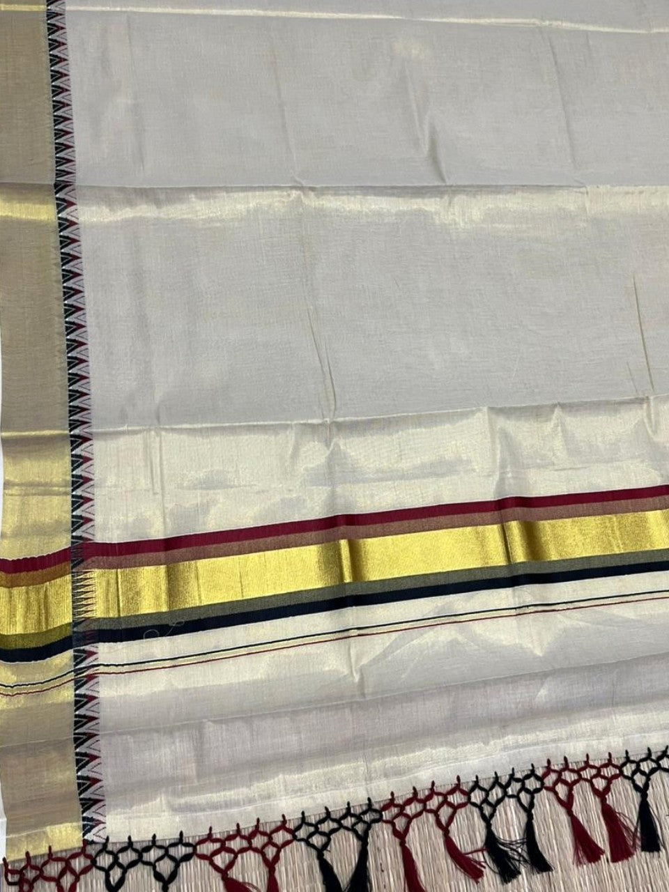 Southloom Kerala Tissue Kasavu Saree With Black & Maroon Temple Woven Works on Border With Tussles SL433