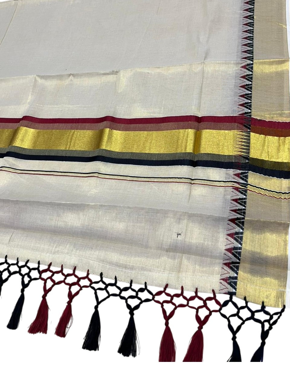 Southloom Kerala Tissue Kasavu Saree With Black & Maroon Temple Woven Works on Border With Tussles SL433