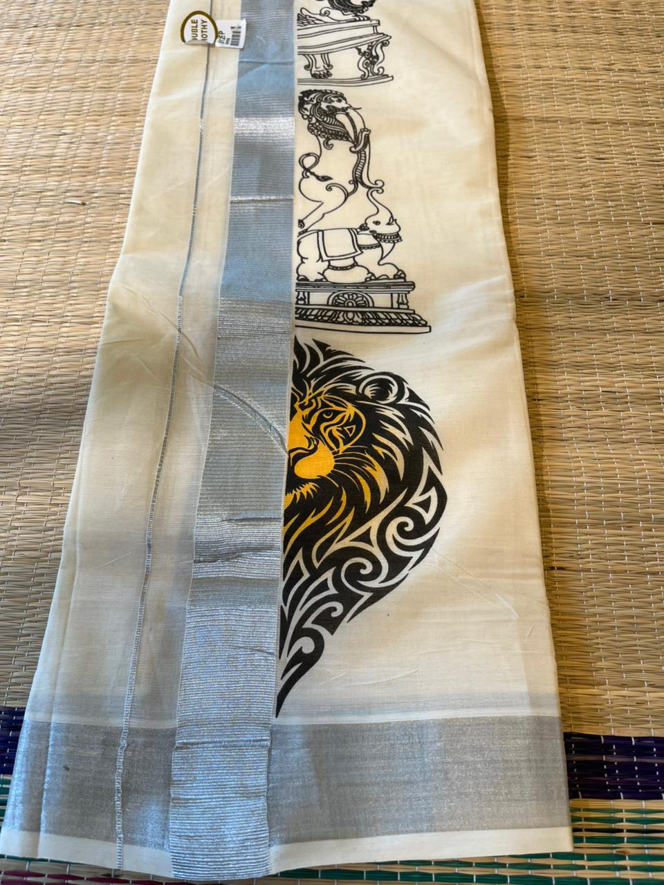 Cotton Lion Printed Silver Kasavu Double Mundu SL0017