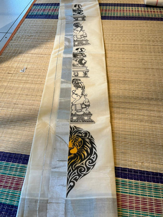 Cotton Lion Printed Silver Kasavu Double Mundu SL0017