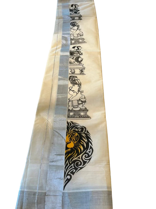 Cotton Lion Printed Silver Kasavu Double Mundu SL0017 (ASL)