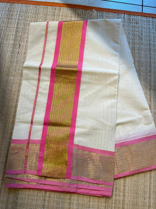 Kerala Cotton Saree With Rani Pink And Gold Lines On Border SL430