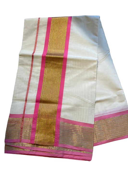 Kerala Cotton Saree With Rani Pink And Gold Lines On Border SL430