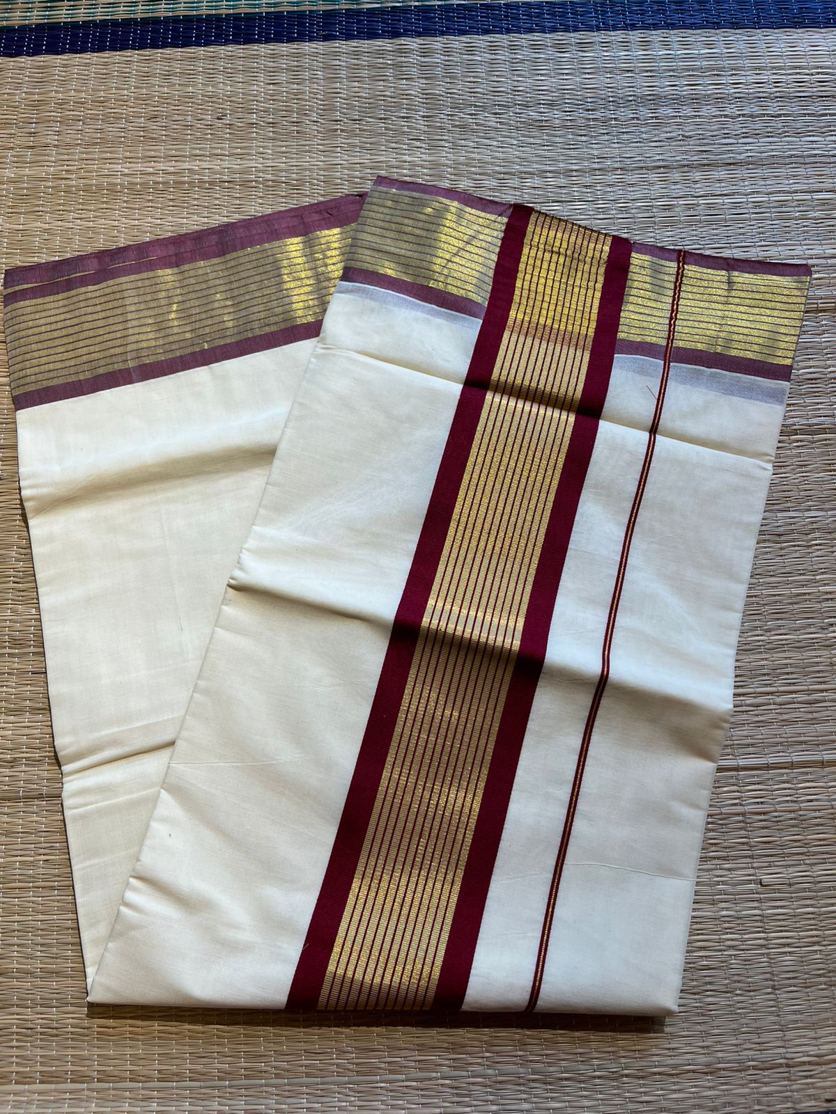 Kerala Cotton Saree With Maroon And Gold Lines On Border SL430