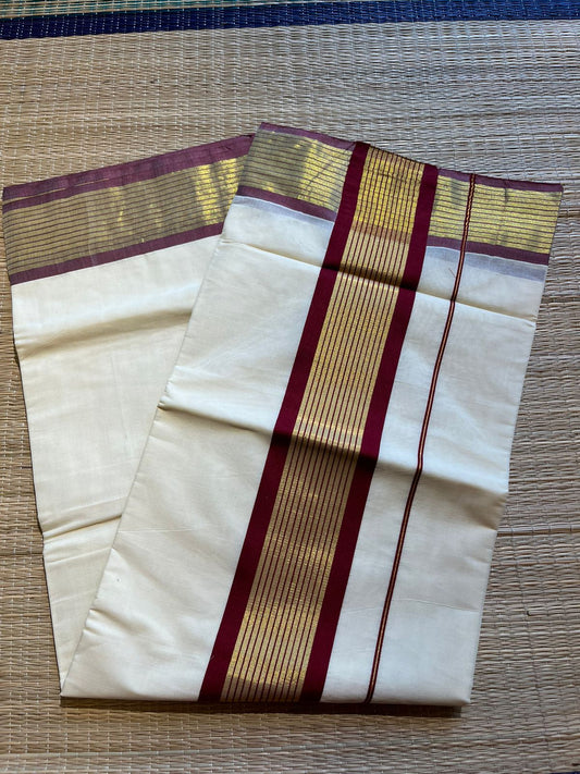 Kerala Cotton Saree With Maroon And Gold Lines On Border SL430