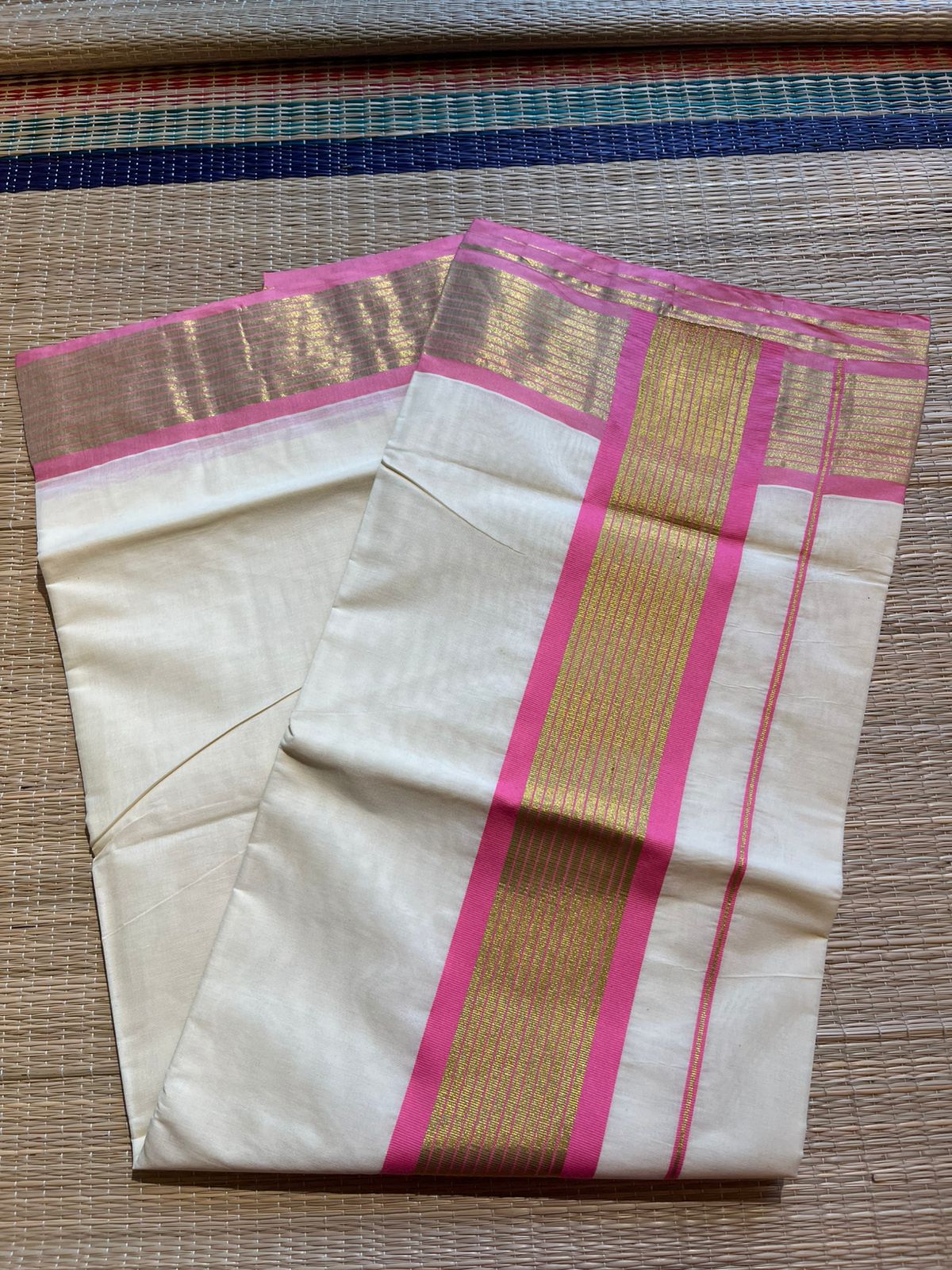 Kerala Cotton Saree With pink And Gold Lines On Border SL430
