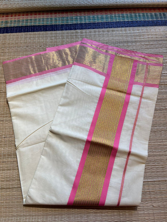 Kerala Cotton Saree With pink And Gold Lines On Border SL430