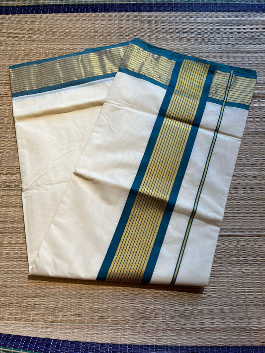 Kerala Cotton Saree With Green And Gold Lines On Border SL430