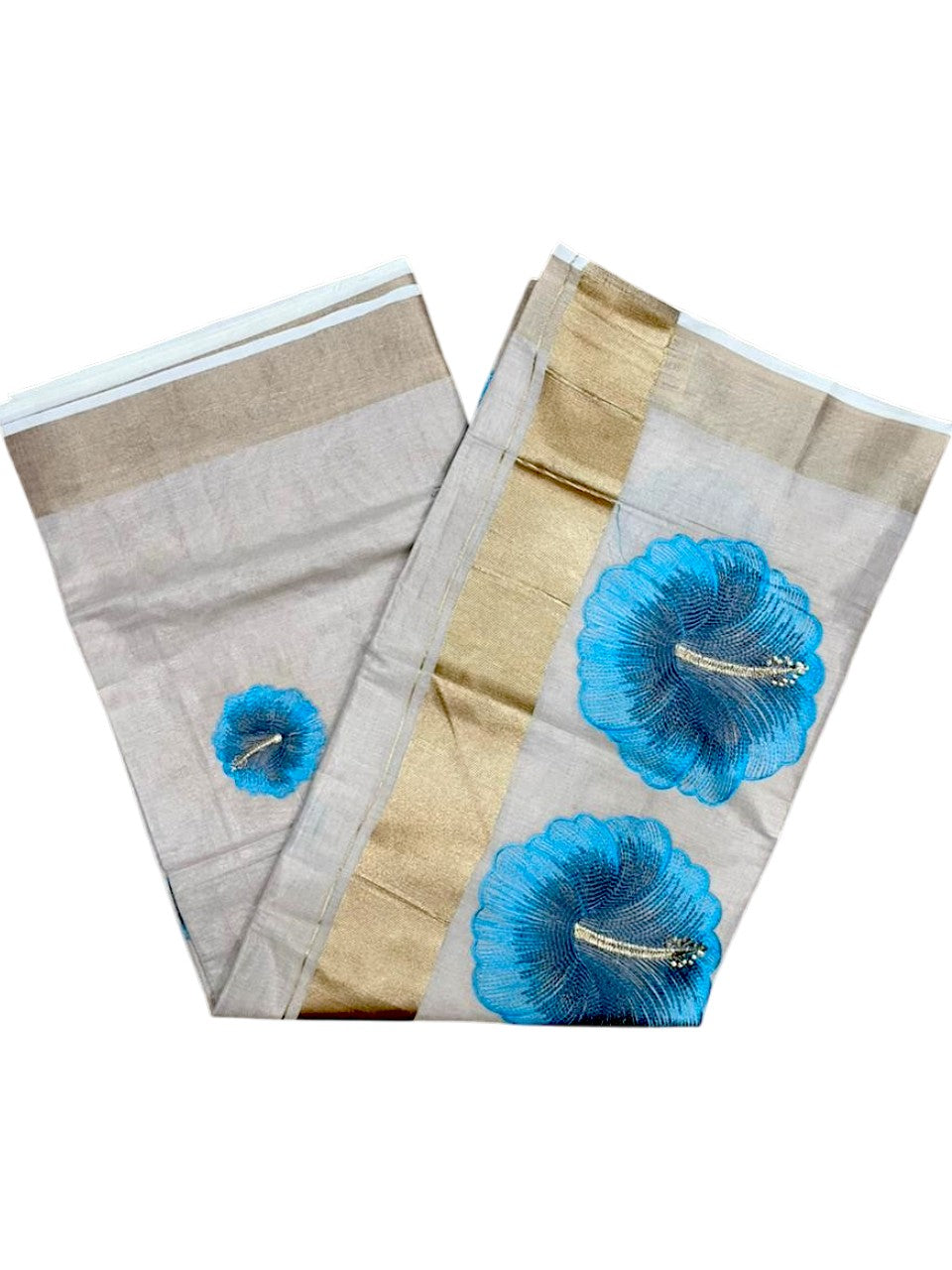 Southloom Kerala Tissue Kasavu Saree with Blue Floral Embroidery Design on Body SL434