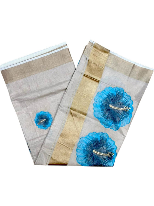 Southloom Kerala Tissue Kasavu Saree with Blue Floral Embroidery Design on Body SL434