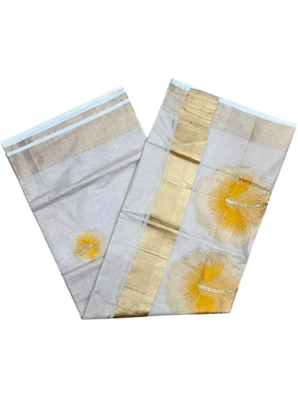 Southloom Kerala Tissue Kasavu Saree with Yellow Floral Embroidery Design on Body SL434