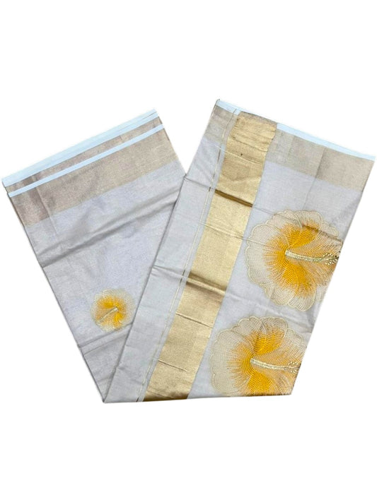 Southloom Kerala Tissue Kasavu Saree with Yellow Floral Embroidery Design on Body SL434