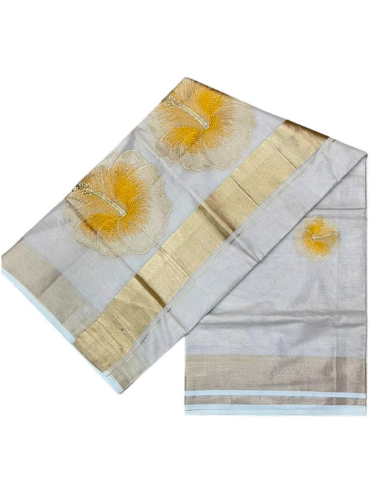 Southloom Kerala Tissue Kasavu Saree with Yellow Floral Embroidery Design on Body SL434