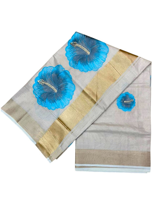 Southloom Kerala Tissue Kasavu Saree with Blue Floral Embroidery Design on Body SL434